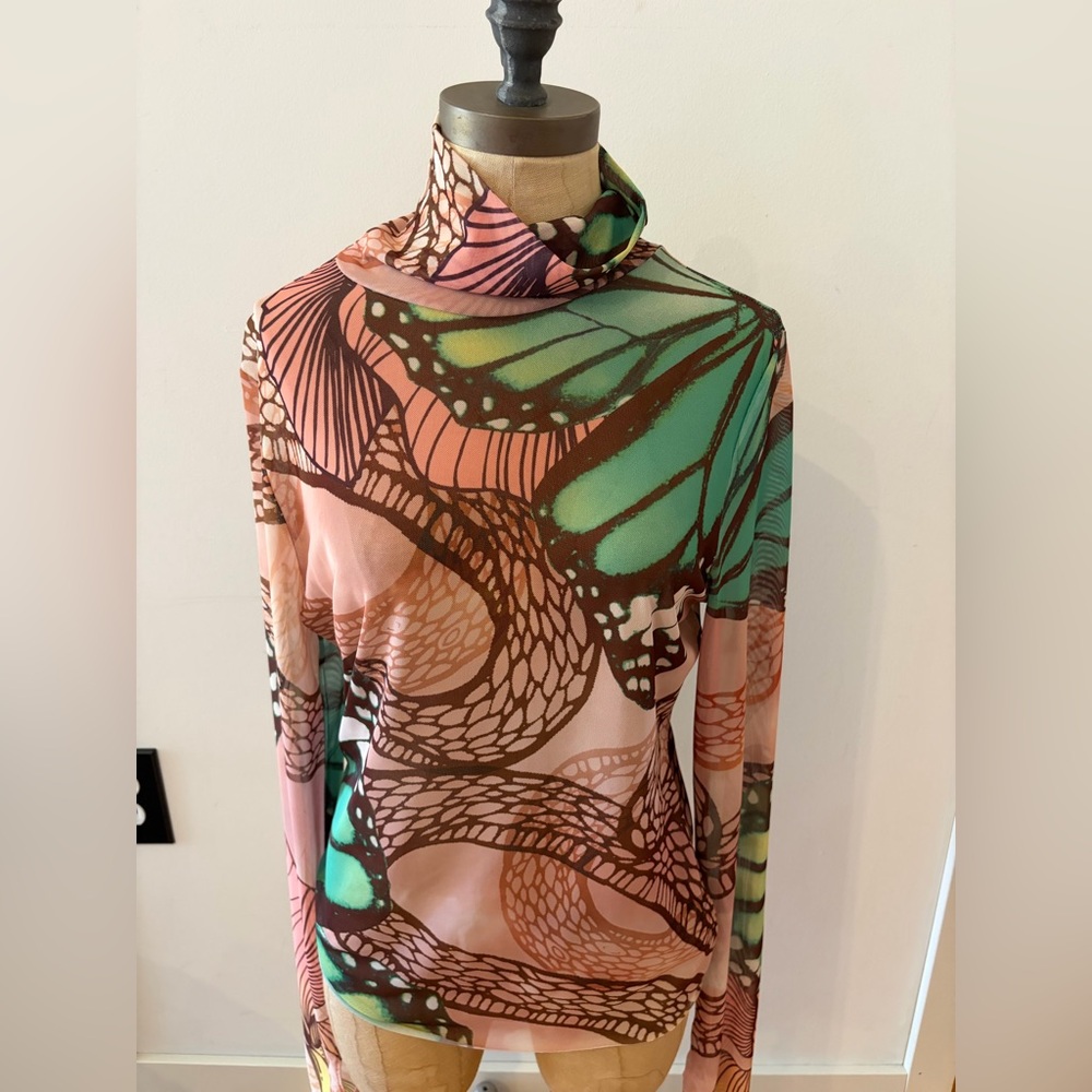 AFRM Zadie Abstract Butterfly Mesh Mock Neck Top in Pink & Green